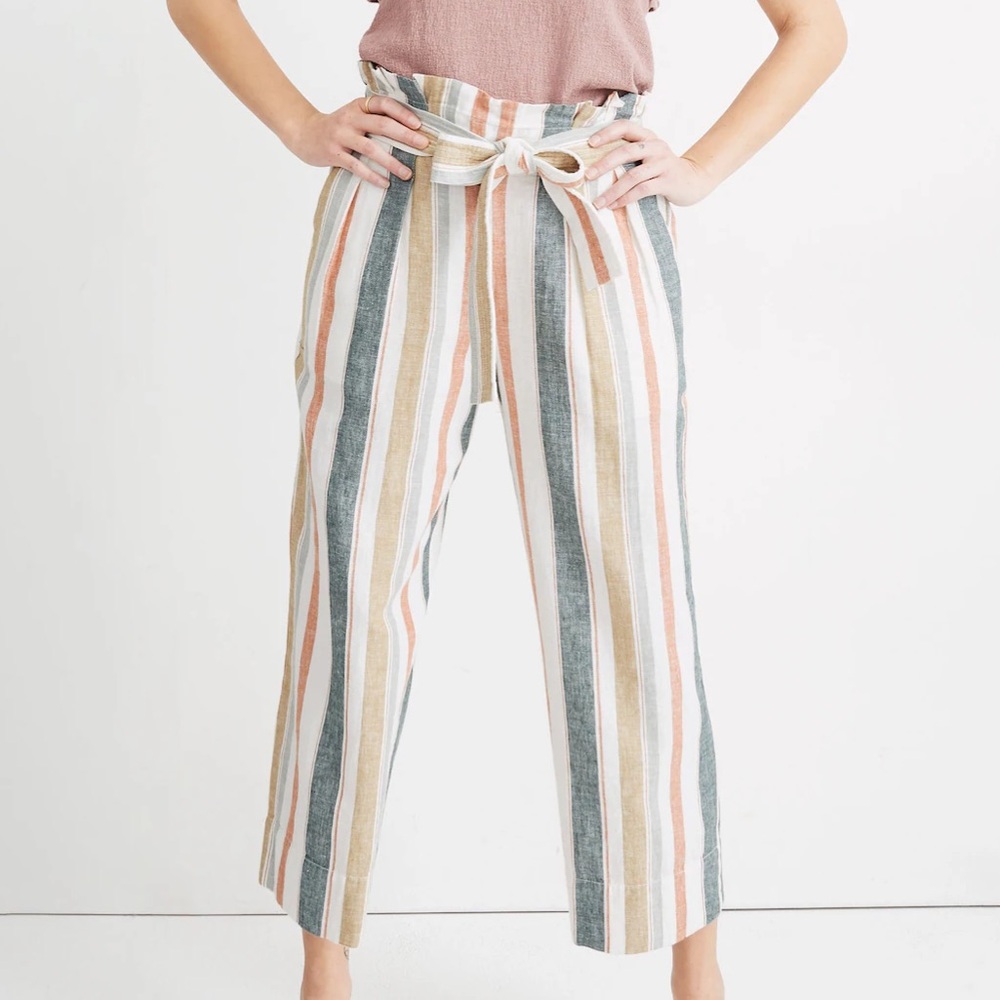Madewell Tie-Waist Huston Pull-On Crop Pants Linen/Cotton Women’s XS Stripe